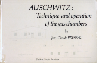 Foto eines Buchcovers mit Titel Auschwitz: Technique and operation of the gas chambers by Jean-Claude Pressac The Beate Klarsfeld Foundation