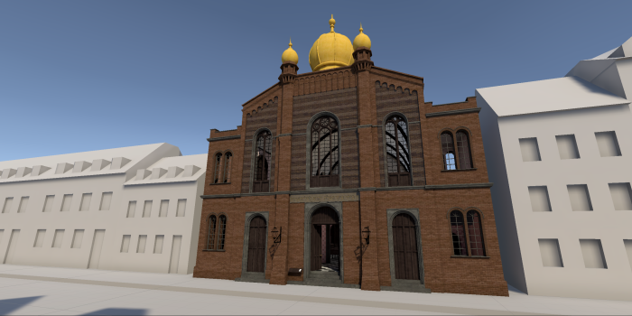 Vorderansicht der virtuell rekonstruierten Großen Synagoge in einem 3D-Webmodell
