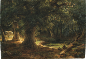 Ölgemälde eines Waldes mit einem auf einem umgefallenen Baumstamm sitzenden Menschen