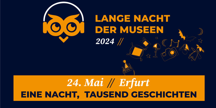 Schriftzug Lange Nacht der Museen in Orange auf Dunkelblau mit weiteren Informationen