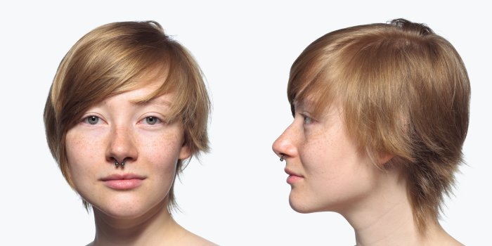 Foto: Rudolf Schäfer, aus: Female Faces 2011 – Emma (17), Halle (Saale), 2011 © Rudolf Schäfer Portrait einer Frau von der Seite und von vorn