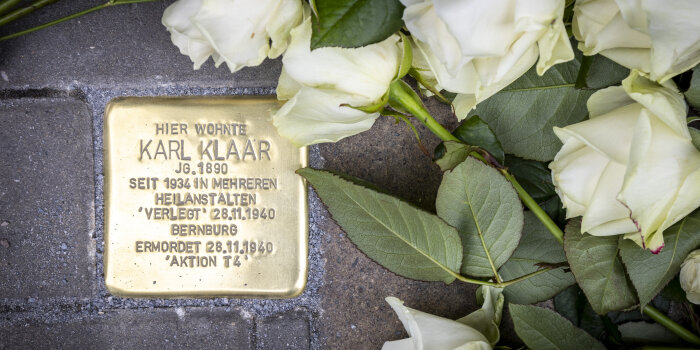 ein Messing-Gedenkstein mit Inschrift und niedergelegten weißen Rosen