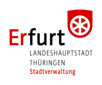 Logo der Stadtverwaltung Erfurt Wort-Bild-Marke mit Schriftzug Erfurt, daran hochgestelltes rotes Rad auf Wappenschild und Zusatztext Landeshauptstadt Thüringen, Stadtverwaltung