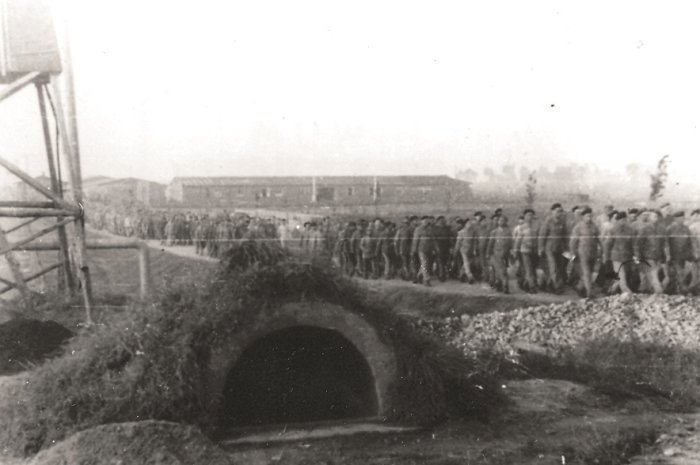 Schwarz-Weiß Foto von einer Häftlingskolonne