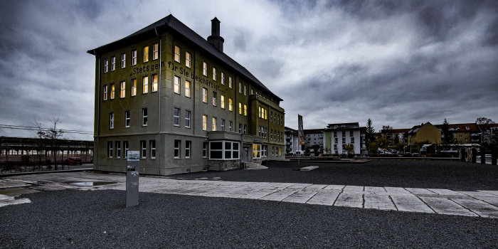 Buildings with external land in the evening