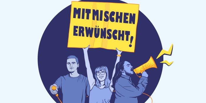 Zeichnungen einer jungen Frau und zwei junger Männer, darunter Titel des Podcasts.