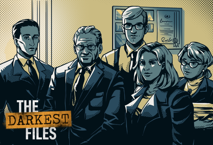 „The darkest files“  Zeichnung von Personen im Anzug