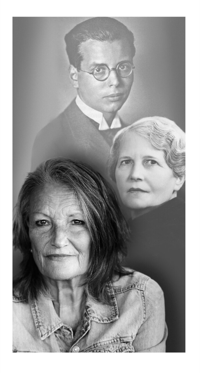 Hans, Irmgard und Patricia Litten Collage von drei schwarz weiß Porträts