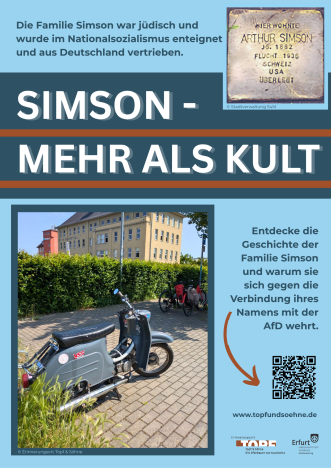 Plakatentwurf über die Geschichte der Familie Simson mit Foto des Stolpersteins zu Arthur Simson und einer Schwalbe