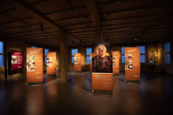 7 Ausstellungstafeln stehen im Raum, an den Wänden hängen weitere Tafeln. 