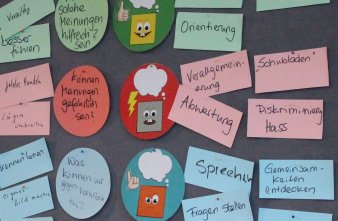 Farbfoto, graue Wand, an der blaue, rote und grüne beschriftete Zettel hängen