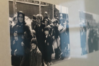 Fotografie einer Schwarz-Weiß Fotografie auf der ältere Frauen und Kinder in Auschwitz aus einem Fotoalbum der SS.