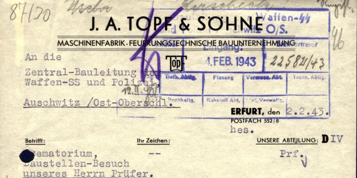 Oberer Teil eines Briefes der Firma Topf und Söhne an die SS in Auschwitz. 