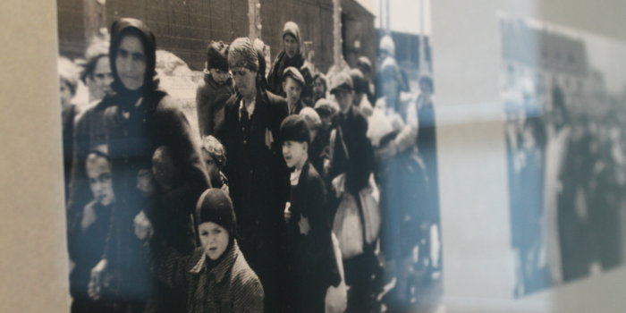 Fotografie einer Schwarz-Weiß Fotografie auf der ältere Frauen und Kinder in Auschwitz aus einem Fotoalbum der SS.