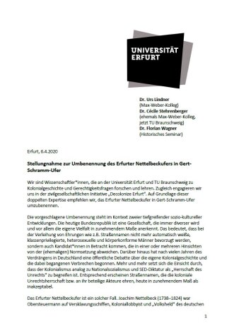 Cover_Stellungnahme Umbenennung_Wissenschaftler der Universität Erfurt