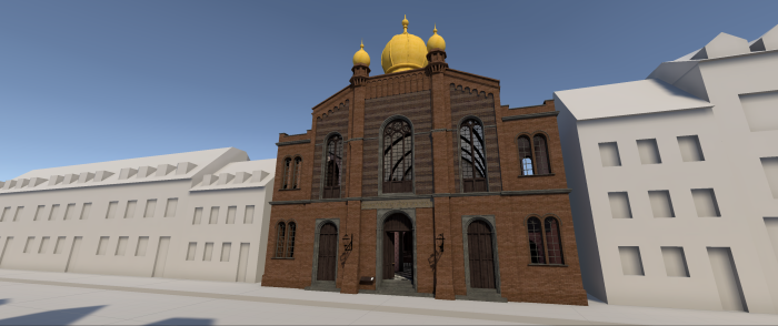 Vorderansicht der virtuell rekonstruierten Großen Synagoge Vorderansicht der virtuell rekonstruierten Großen Synagoge in einem 3D-Webmodell